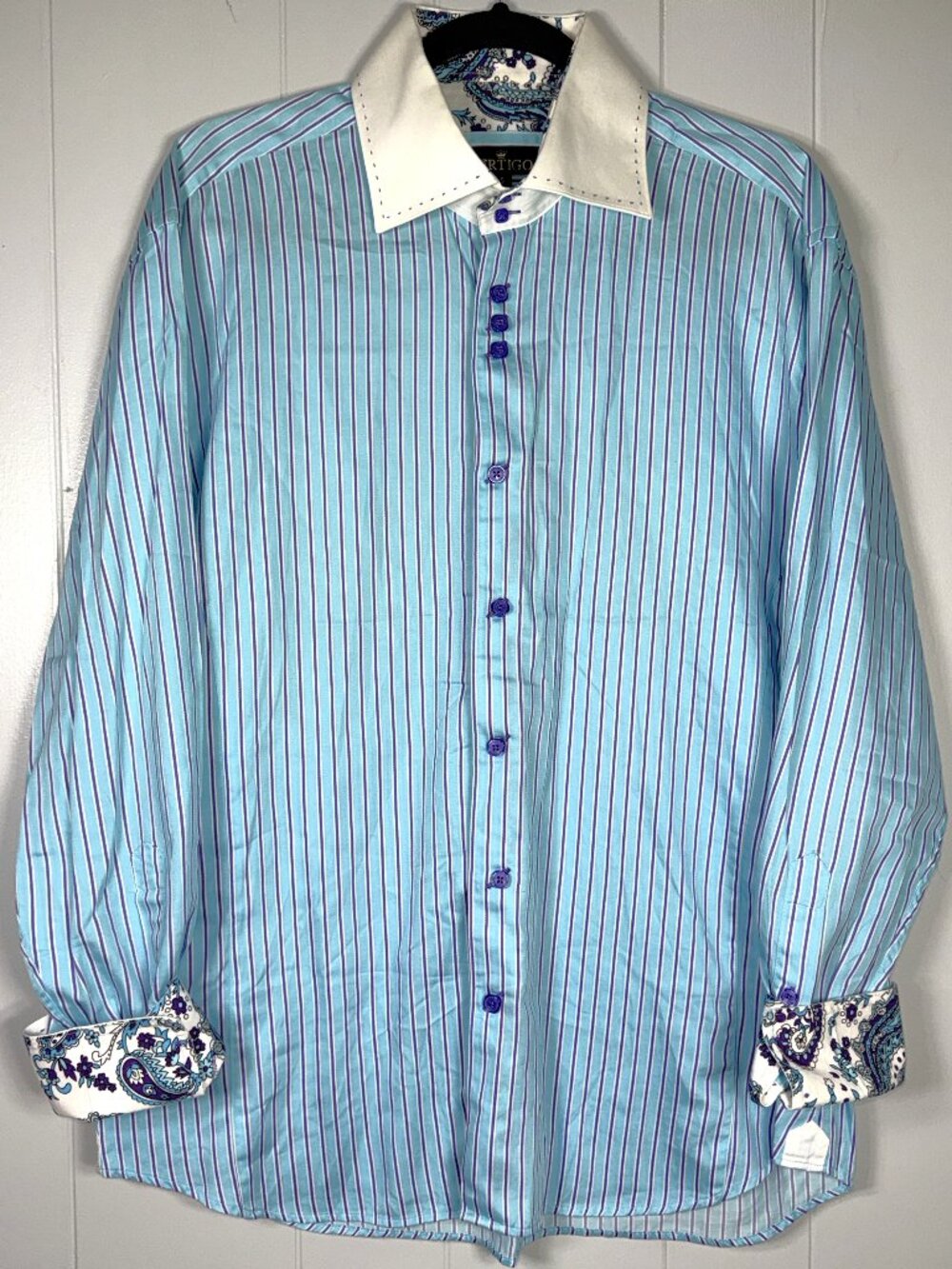 Bertigo Blue Pin-Stripe Paisley Floral Button-Down Dress Shirt Mens 5 US XL 44"